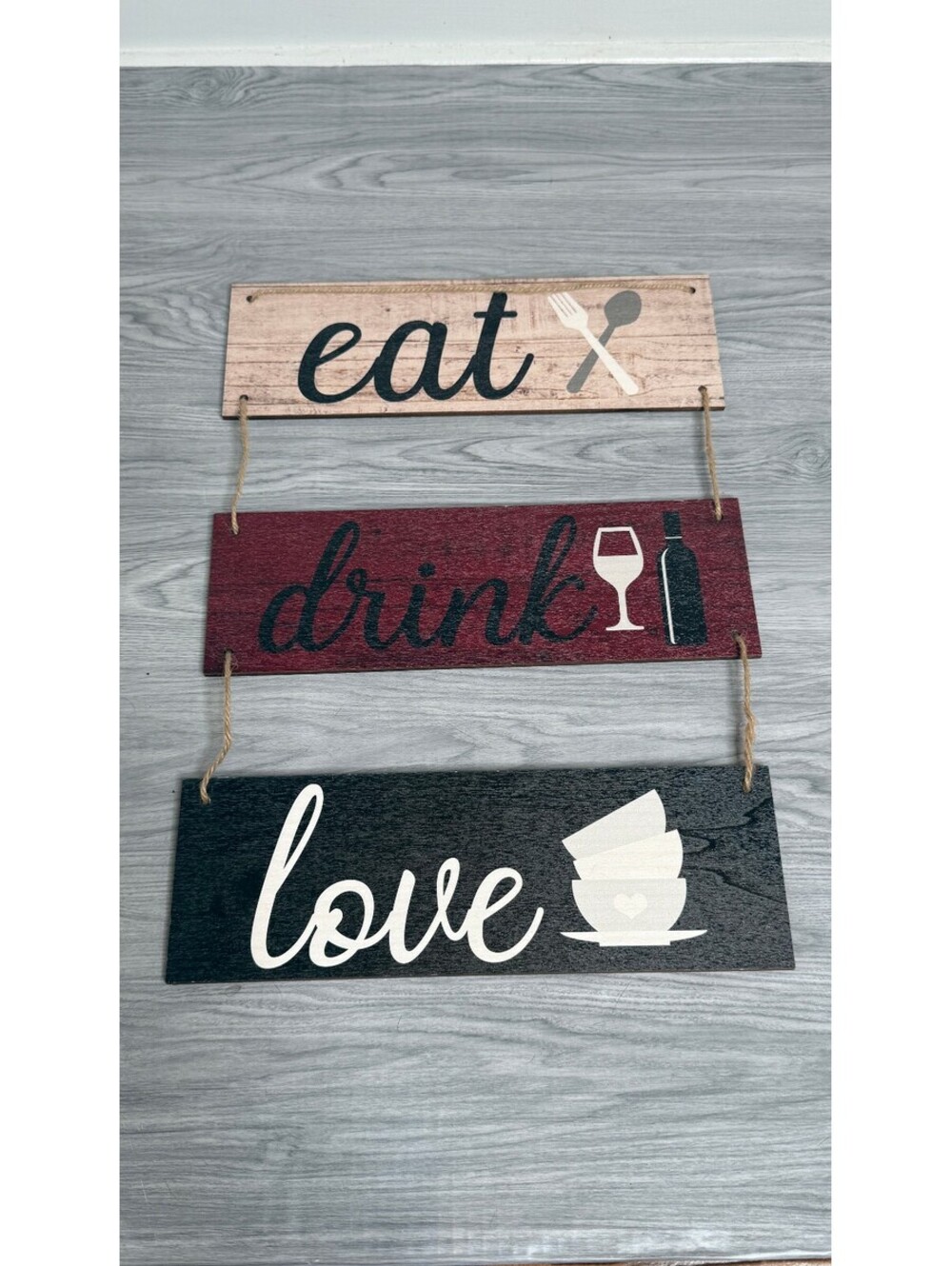 Eat Drink Love Rustic Wood Hanging Kitchen Dining Wall Sign Wine Decor